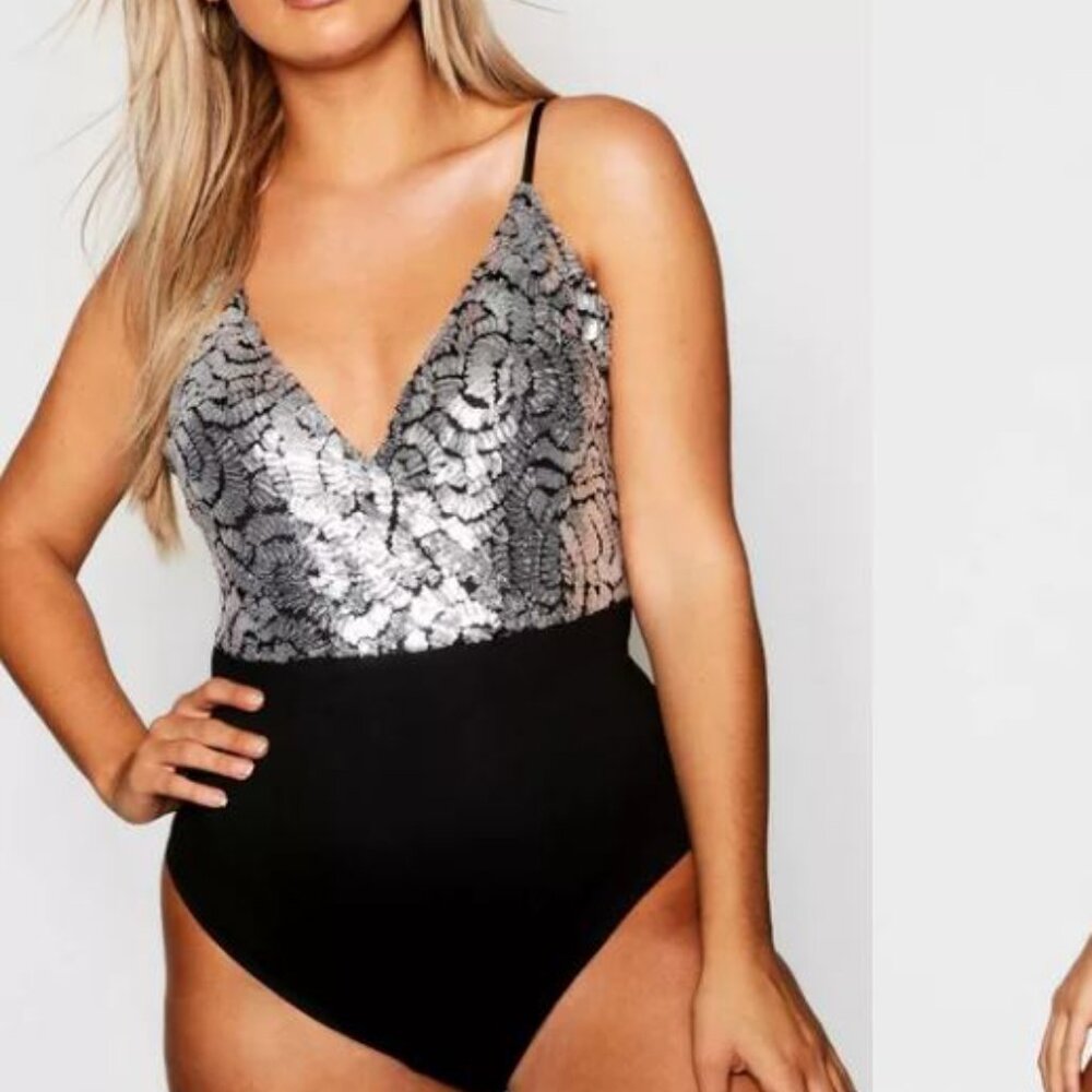 boohoo plus size 14 wrap tank top bodysuit  in black and silver sequins